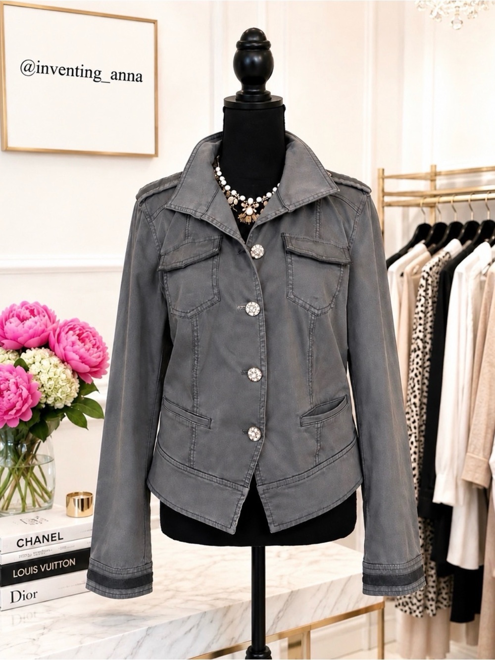 Charcoal Gray/Green Dress Jacket w/Rhinestone Adorned Buttons and Trimmed Sleeve - Picture 11 of 12